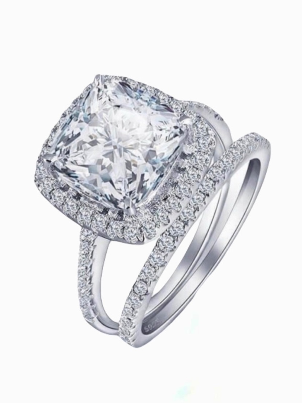 New 3.2 CT Cushion Cut Halo White Sapphire 14k White Gold Plated Bridal Ring Set - Picture 1 of 15
